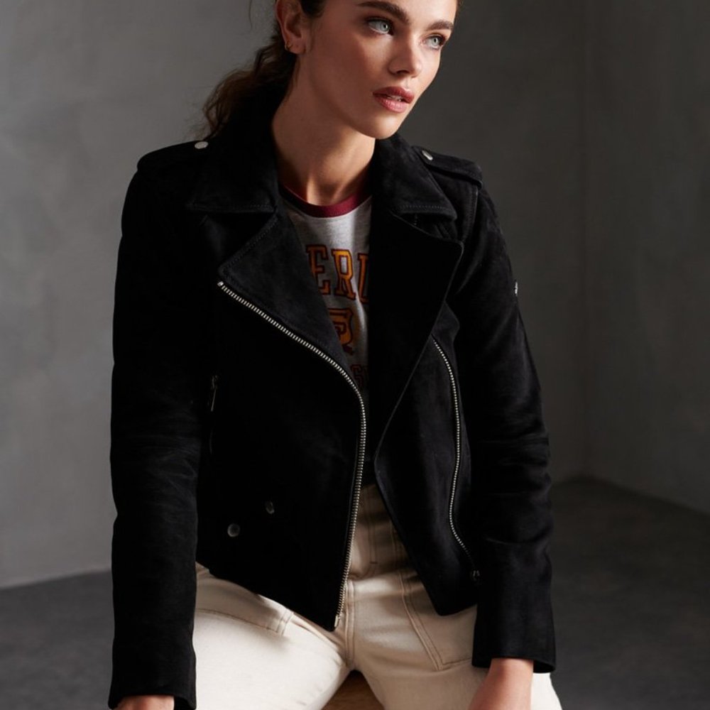 Superdry Rylee Black Suede Biker Jacket NWT